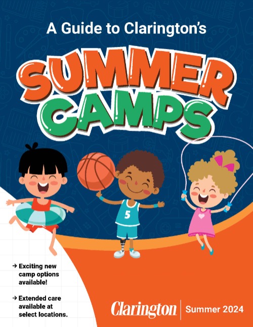 A Guide to Clarington's Summer Camps Booklet Cover. Illustration of three children, one dressed for the pool, one playing basketball and one skipping rope.
