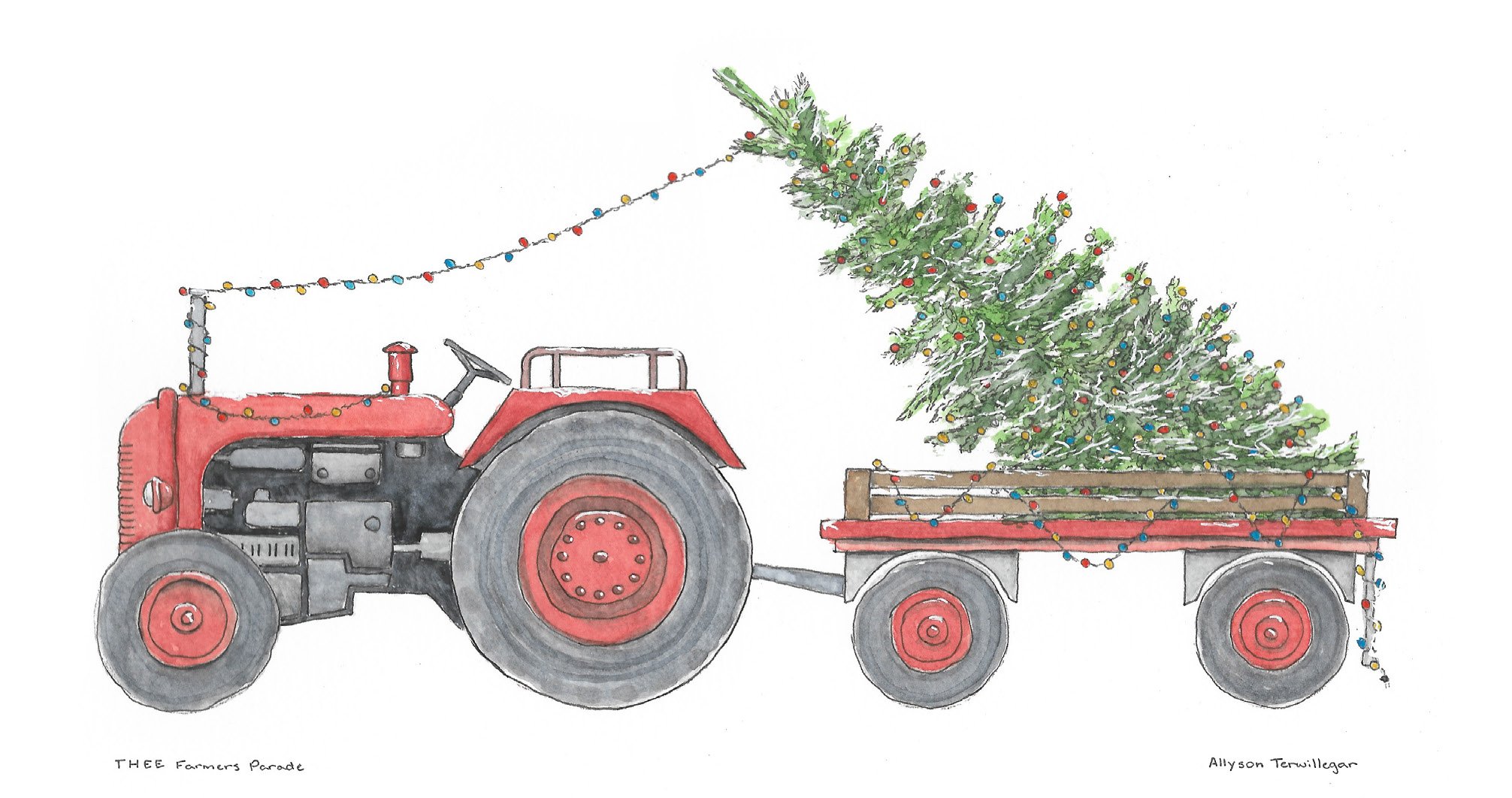 Illustration of a holiday decorated tractor