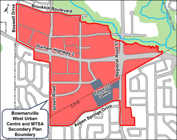 Map showing Bowmanville West Urban Centre Study Area