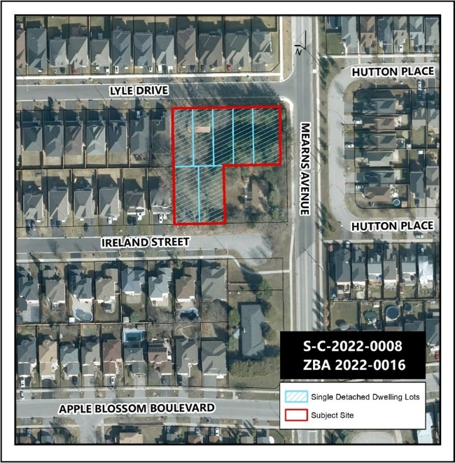 West of Mearns Avenue between Ireland Street and Lyle Drive in Bowmanville aerial view