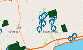 Zoomed in map of Clarington with pins of showing proposed development locations and secondary plan areas.