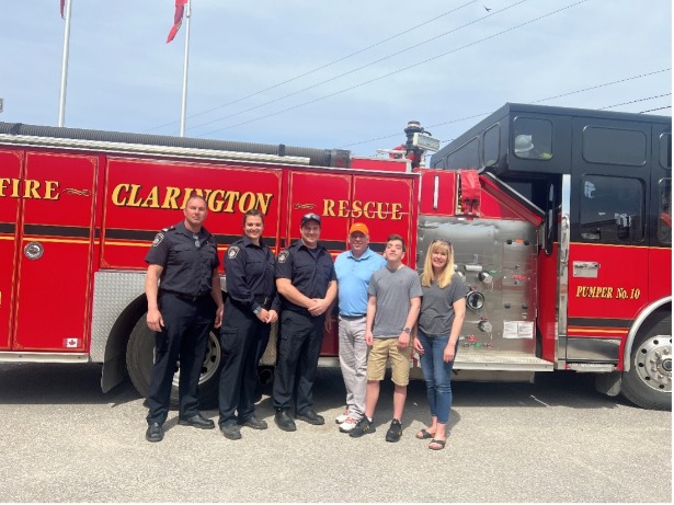 Clarington Emergency and Fire Services meet a young man whose life they helped save. Pictured left to right: Captain Robert Staples, Firefighter Mallory Ayer, Firefighter Sean Blanchard, Andrew Marston, Alex Marston, Carolyn Marston.