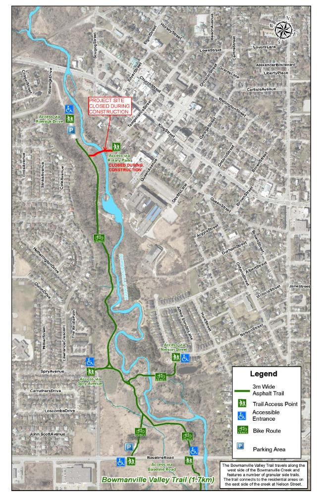 Map showing Bowmanville Valley Trail access and construction area