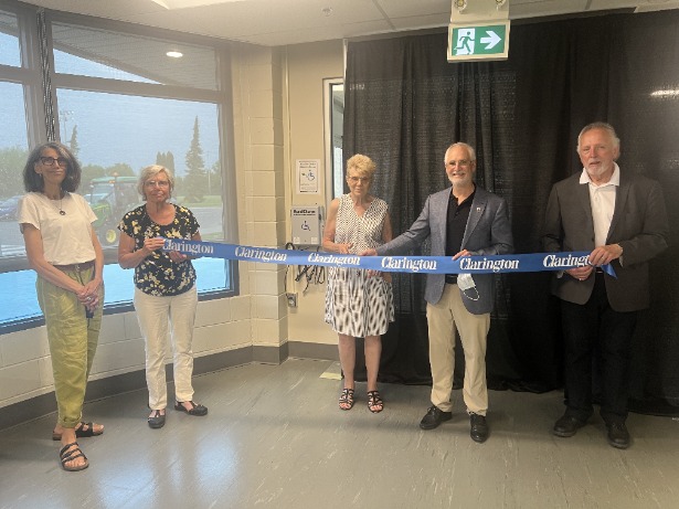 Left to right: Councillor Margaret Zwart, Sylvia Jaspers-Fayer, Vice Chair of Clarington’s Accessibility Advisory Committee; Shea-Lea Latchford, Chair of Clarington’s Accessibility Advisory Committee, Mayor Adrian Foster, Councillor Ron Hooper.