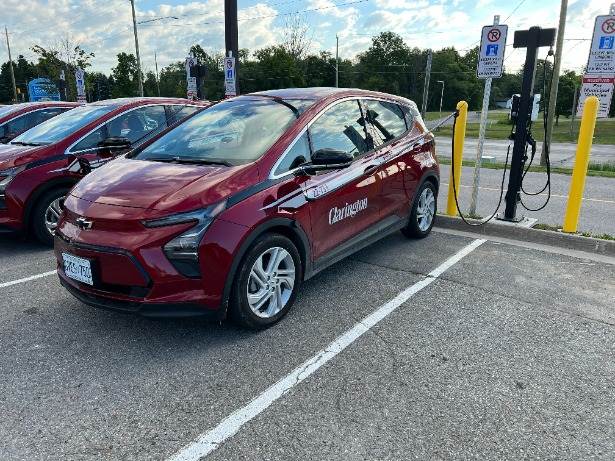 One of Clarington’s new light-duty EV fleet vehicles charging at Garnet B. Rickard Recreation Complex.