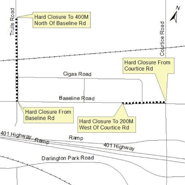 Map of Baseline Road and Trulls Road closure.