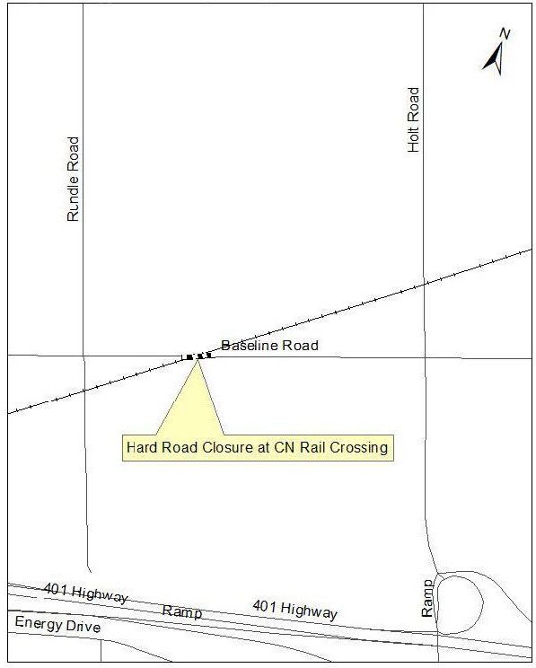 Map showing road closure on Baseline Road West 260 meters east of Rundle Road