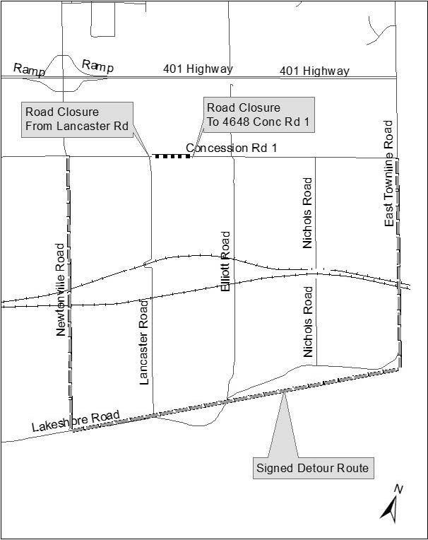 Map showing Concession Road 1 closure from Lancaster Road to 4648 Concession Road 1