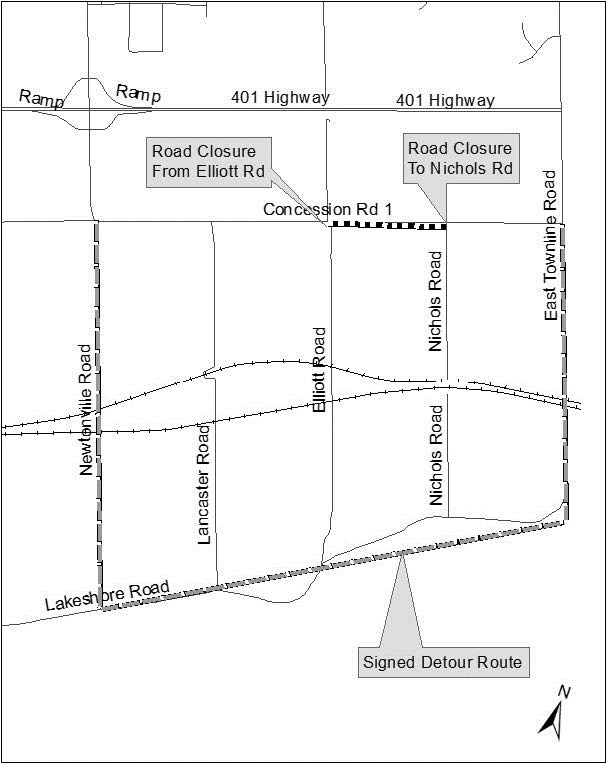 Map showing the closure on Concession 1 from Elliot Road to Nichols Road