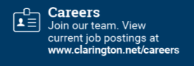 Text: Careers. Join our team. View current job positing's at www.clarington.net/careers