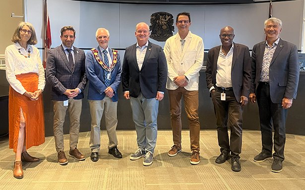 From left to right: Councillor Zwart, Councillor ElHajjeh, Mayor Foster, MP Erin O'Toole, Councillor Rang, Councillor Anderson, and Councillor Woo.