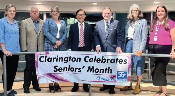 At the Courtice Community Complex, (from left to right) Clarington’s Older Adult Coordinator Kersti Pascoe, Director of Community Services George Acorn, CAO Mary-Anne Dempster, Minister of Seniors and Accessibility Raymond Cho, Member of Provincial Parliament for Durham Todd McCarthy, Councillor Margaret Zwart, and Aquatic Coordinator Kara Ross, announced the launch of the "Lifeguarding at any Age" program through a 2023-24 Seniors Community Grant, supported by the Ministry of Seniors and Accessibility. 