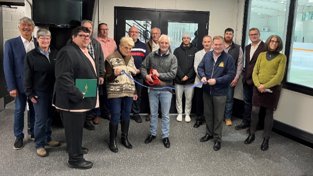 Clarington Mayor Adrian Foster joins members of Council; Todd McCarthy, MPP for Durham; members of the Newcastle Memorial Arena Board; and municipal staff to officially reopen the Newcastle Memorial Arena in Newcastle.