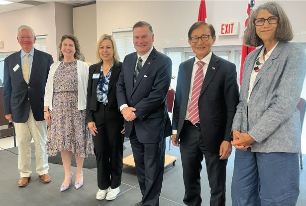 At the Bowmanville Older Adults Association (BOAA) to celebrate a new Seniors Community Grant were (from left to right) BOAA Board President David Penny, Councillor Corinna Traill, BOAA Executive Director Denise Allen, Member of Provincial Parliament for Durham Todd McCarthy, Minister of Seniors and Accessibility Raymond Cho, and Councillor Margaret Zwart. 