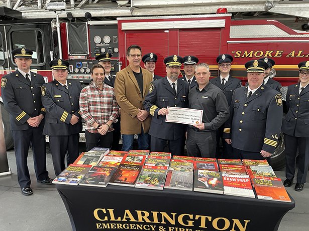 Members of Clarington Council, firefighters and an Enbridge Gas representative met at Clarington Fire Station 1 to celebrate Enbridge Gas’ funding support for firefighter training. 