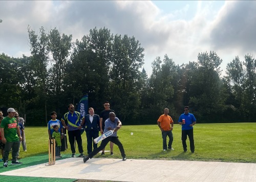 Regional Councillor Granville Anderson batting at the opening celebration of Clarington’s first municipal cricket pitch.
