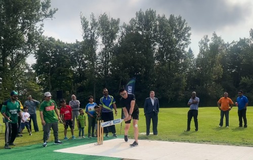 Councillor Lloyd Rang batting at the official opening of Clarington’s first municipal cricket pitch.