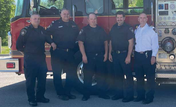 The first fire crew to arrive on the scene was (left to right) Acting Captain Dwayne Glaspell, Captain Dan Worrall, Acting Captain Tyler Muir, and Firefighter Sam Graham, under the direction of Platoon Chief Paul O’Hare. 