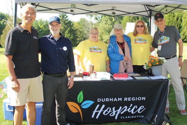 In the photo (from left to right): At the Clarington Golf Classic in support of Marigold Hospice Care were Regional Councillor Willie Woo, Mayor Adrian Foster, and members of the dedicated Clarington hospice volunteer team Marian Timmermans, Jill Richardson, Yvonne Kvyzanowki, and Leo Blindenbach.