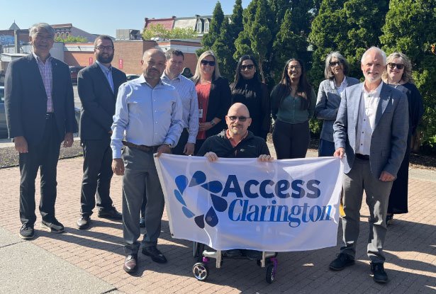 Clarington Mayor Adrian Foster, municipal staff, and members of the Clarington Accessibility Advisory Committee raised the Access Clarington flag in honour of National AccessAbility Week from May 28 to June 3, 2023. 