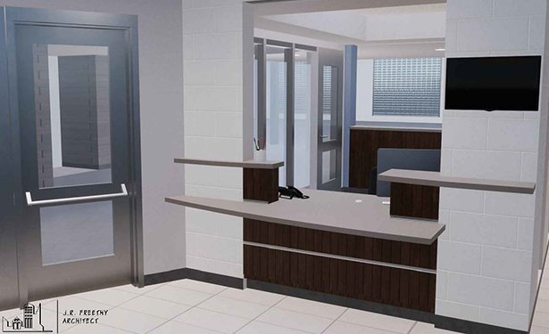 A rendering of the entrance into the Fitness Training Centre with new customer service desk