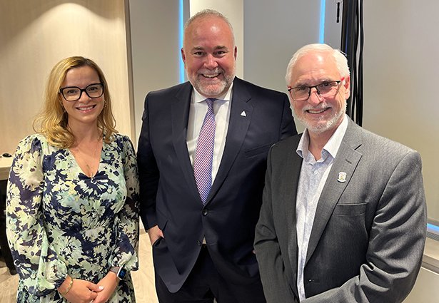 Mississauga Centre MPP Natalia Kusendova, Ontario’s Minister of Energy Todd Smith, and Clarington Mayor Adrian Foster at the recent announcement of a life-saving medical isotope to be produced in Clarington.  