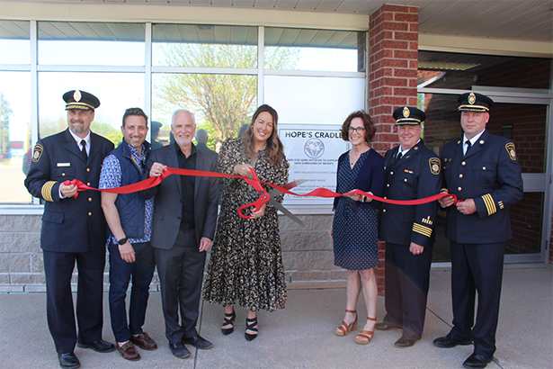 Left to right: Chief David Speed, Clarington Emergency and Fire Services; Councillor Sami Elhajjeh; Mayor Adrian Foster; Jordan Guildford, Founder/CEO, Gems for Gems; Lynn Jeffs, GEMS Ambassador; Deputy Fire Chief Randy Cowan, Clarington Emergency and Fire Services; and Deputy Fire Chief Brad Lamport, Clarington Emergency and Fire Services. 