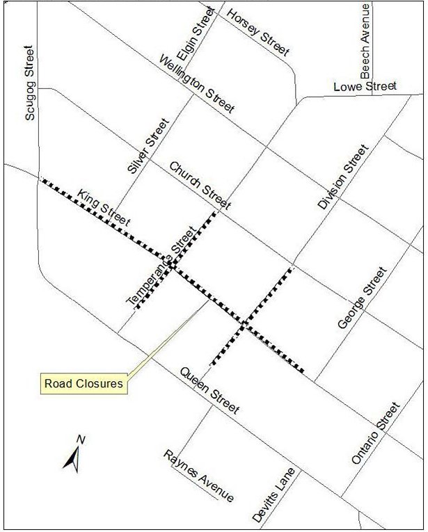 Map showing key road closures.