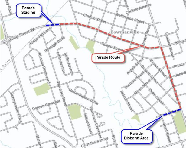 Map of Bowmanville Santa Clause parade road closure