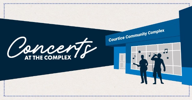 Illustration of Courtice Community Complex with a band performing in the front. Text: Concerts at the Complex
