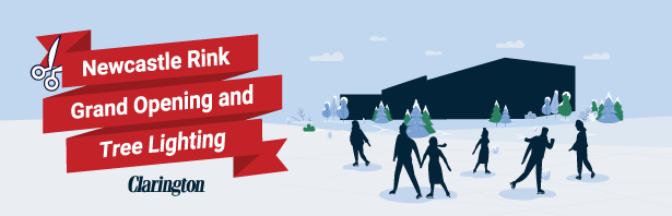 Newcastle Rink Grand Opening and Tree Lighting. Graphic of people skating in front of Diane Hamre Recreation Complex.