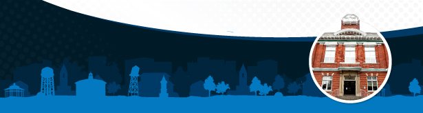 Banner with blue townscape silhouette and circular inset of Clarington Town Hall, red brick building, on a gradient background with hexagonal pattern.