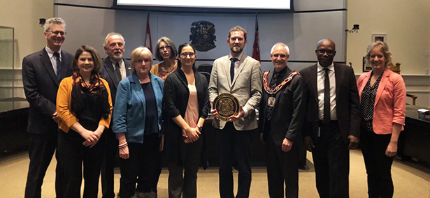  Left to right: Councillor Neal, Councillor Traill, Councillor Hooper, Janet Fox; Principal Central Public School, Councillor Zwart, Caroline Kozarichuk; Haydon Community Hall Board, Peter Vogal; Vice-chair Clarington Heritage Committee, Mayor Foster, Councillor Anderson, Councillor Jones.