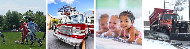 Children playing soccer, a fire truck, children swimming and a snowplow.