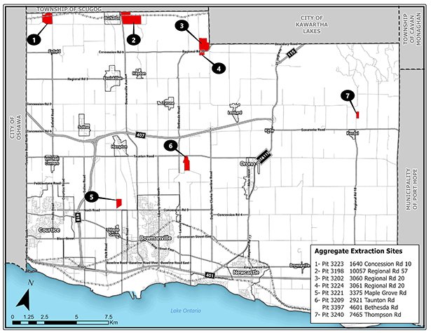 Map of Clarington showing aggregate pits.