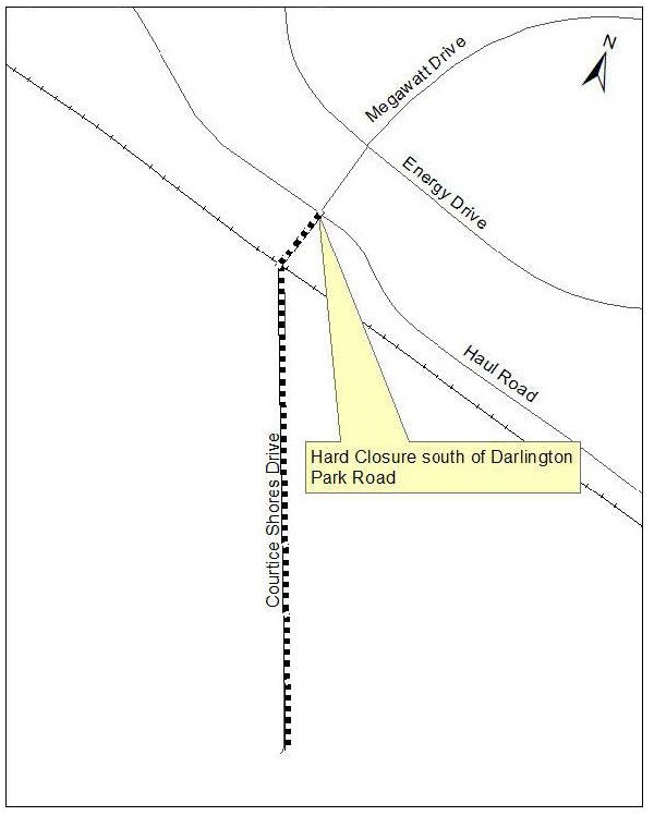 Map showing the road closure on Courtice Shores Drive.