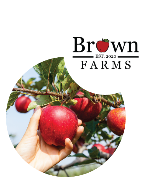 Picking apples and Brown Farm logo.