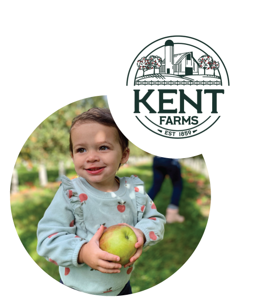 Little girl picking apples. Kent Farms logo.