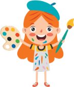 Illustration of a child artist holding a paintbrush and palette, covered in paint.