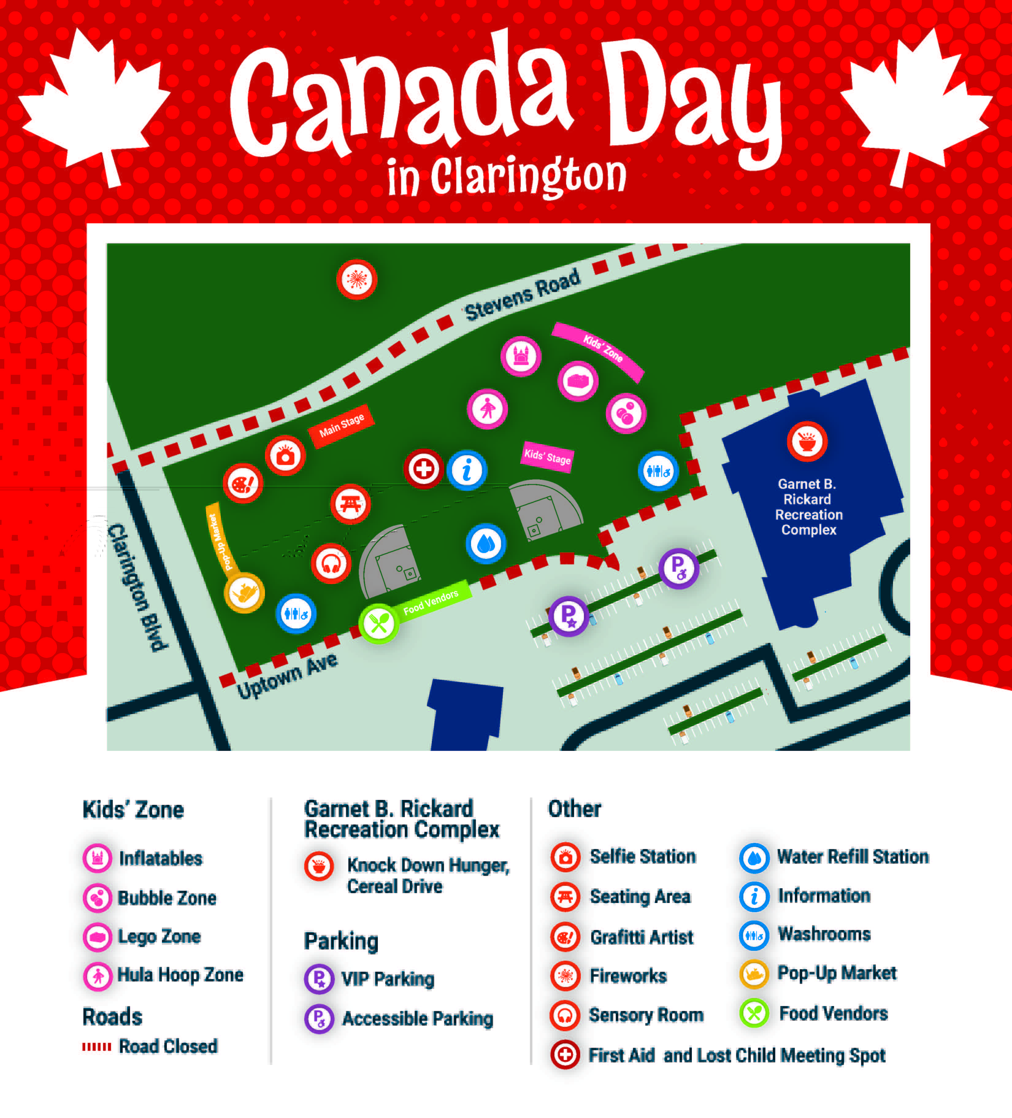 A map of Garnet B. Rickard Recreation Complex and surrounding area where the event will be held. The map show the location of the kids' zone, parking, washrooms and other amenities.