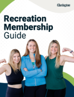 Three women posing confidently on the cover of Clarington’s Recreation Membership Guide, with bold title text and a green-and-white abstract background.