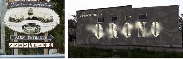 Buttercup Hollow sign with park amenities, Orono mural