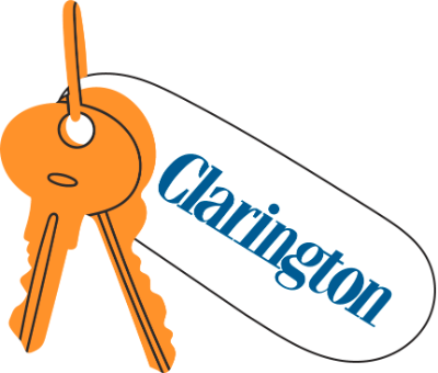 Illustrated keys with a Clarington key tag (white with blue Clarington logo)