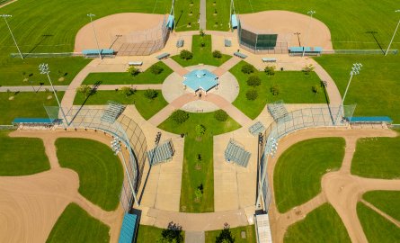 Aerial view of baseball diamonds at Clarington Fields.