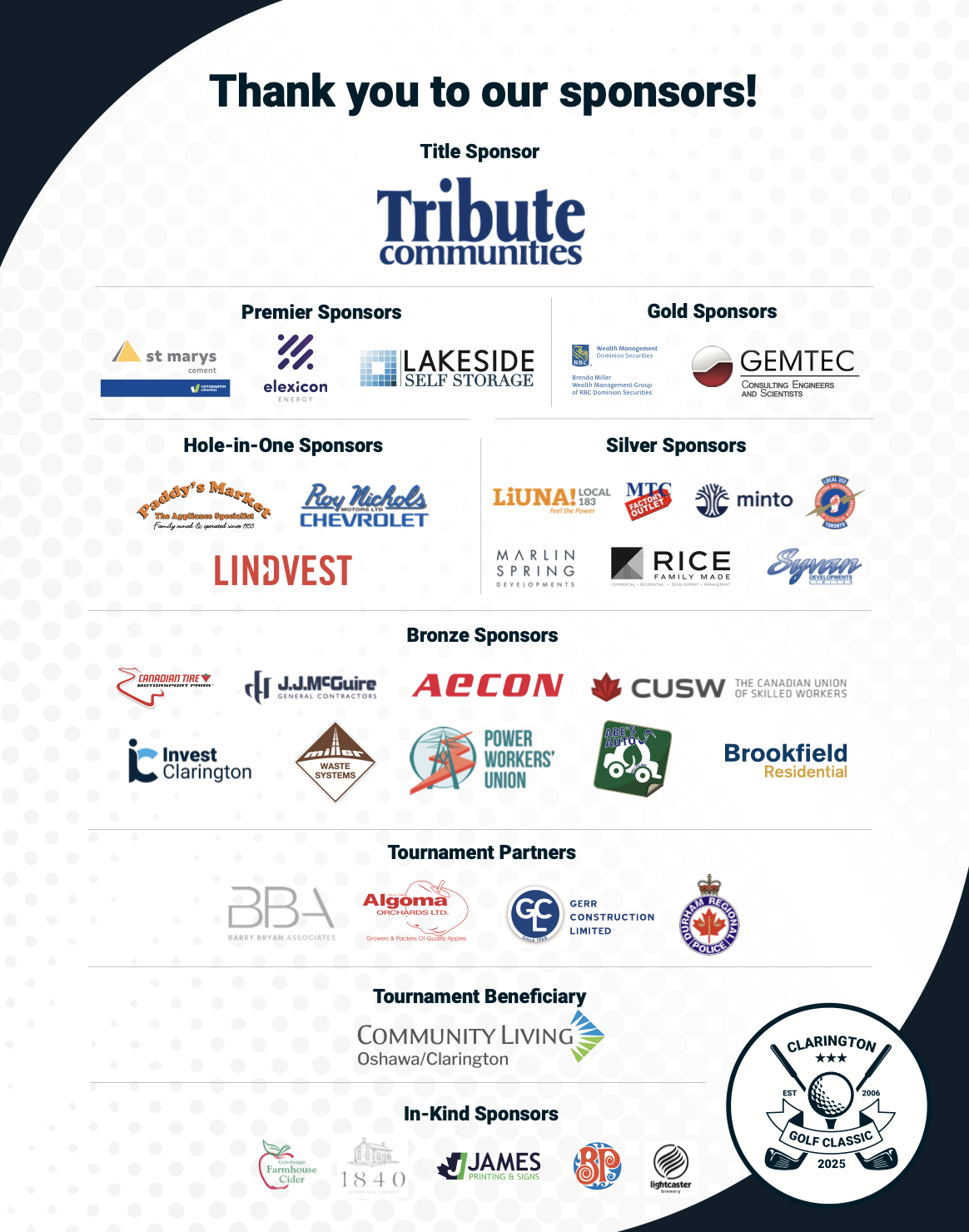 Logos of sponsors from the 2025 Clarington Golf Classic