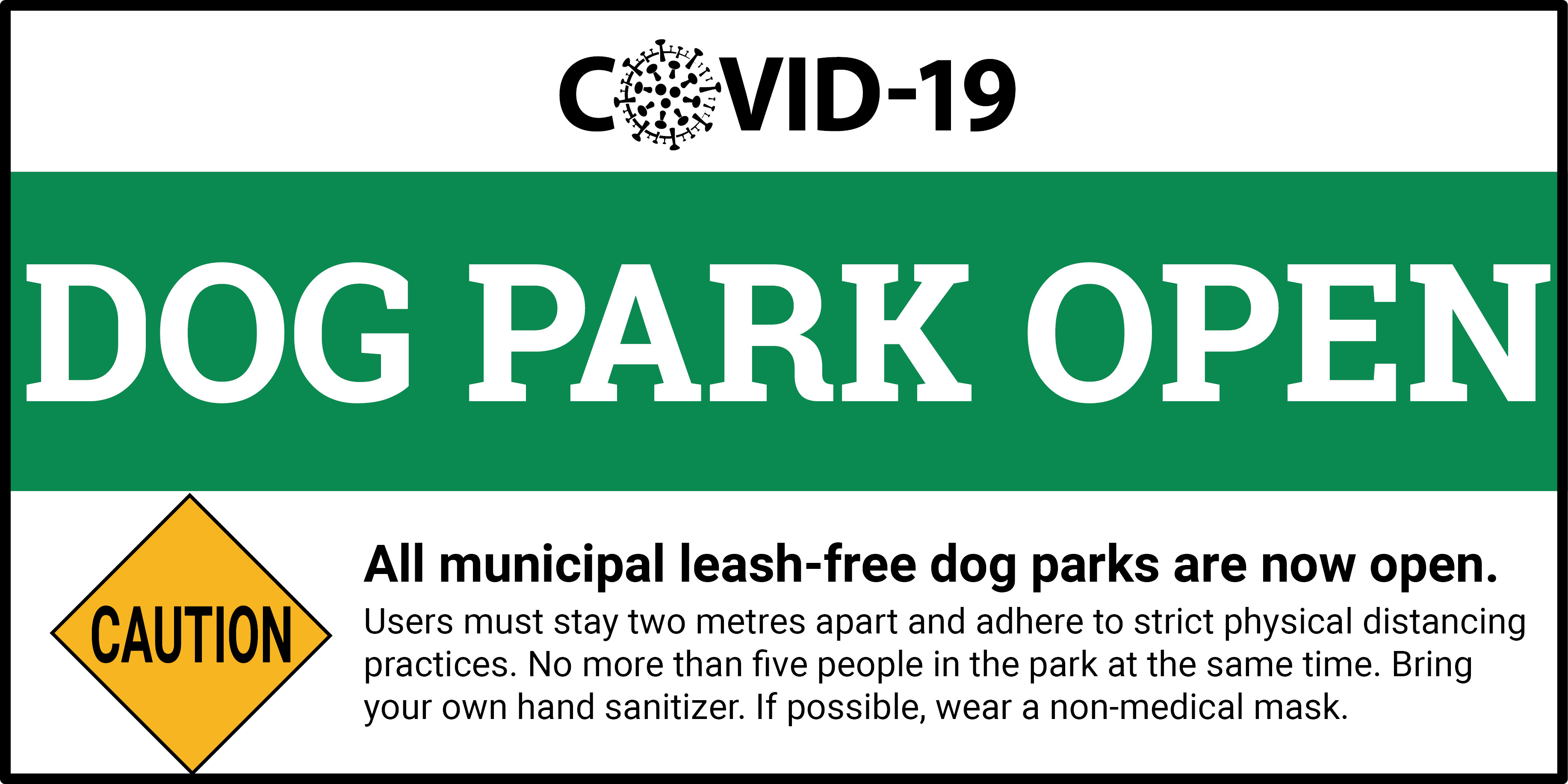 Leash-free dog parks open Graphic stating that leash-free dog parks are open