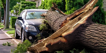Car under a fallen tree after big storm.