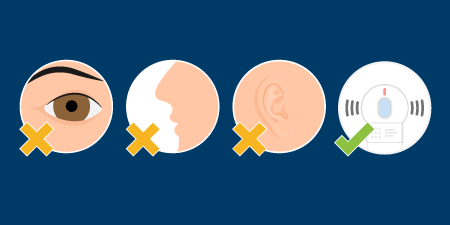 Four illustrations - an eye with an x, a nose with an x an ear with an x and a carbon monoxide detector with a checkmark