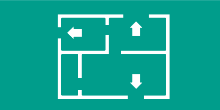 Illustration of blueprints of a home with arrows pointing towards the exits