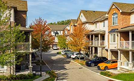 Townhouse condominiums on a residential street.